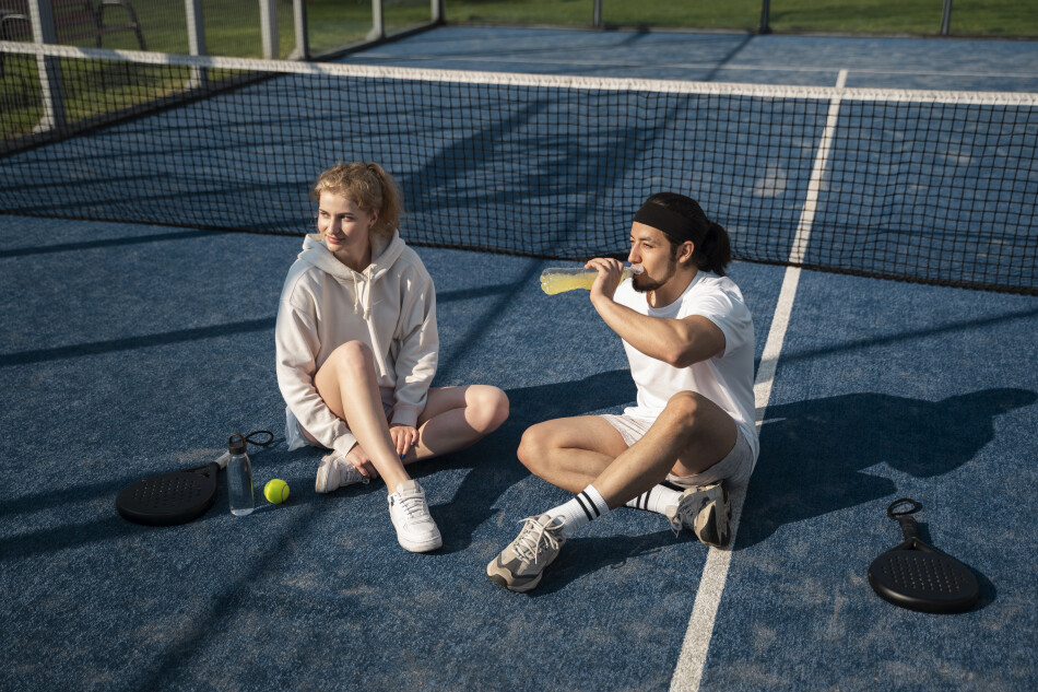 pareja de jugadores de pádel en la cancha tomando un descanso antes de continuar jugando