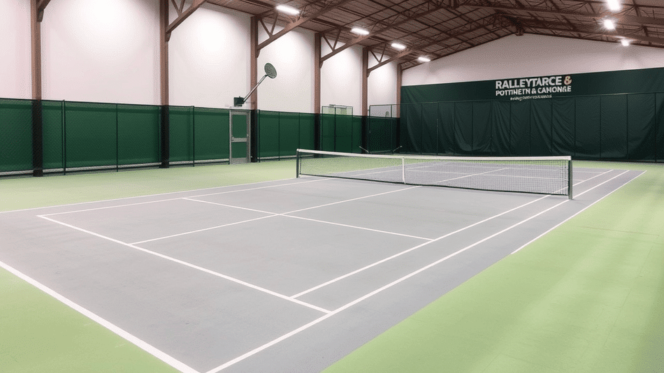 cancha de padel indoor con luces blancas y vallas verdes
