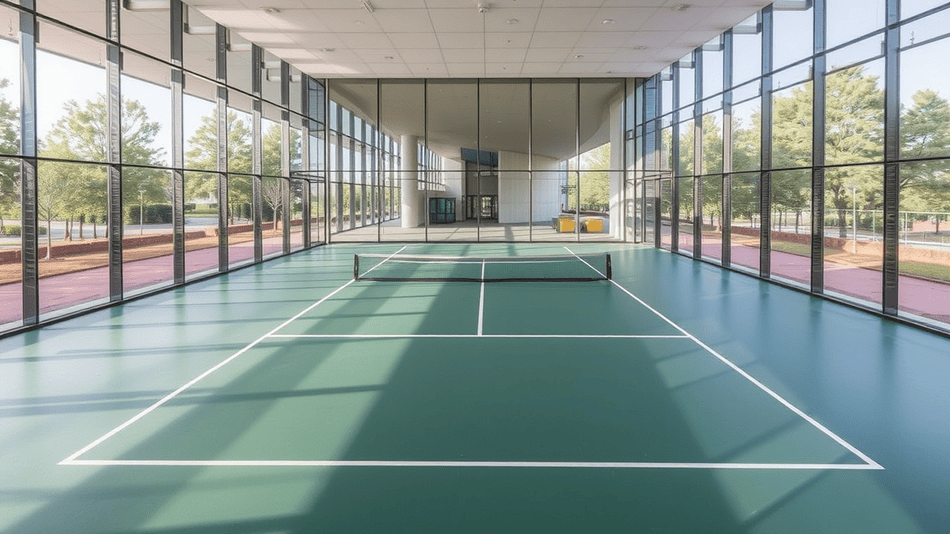 vista frontal con plano abierto de cancha de padel con suelo de color verde y paredes de vidrio