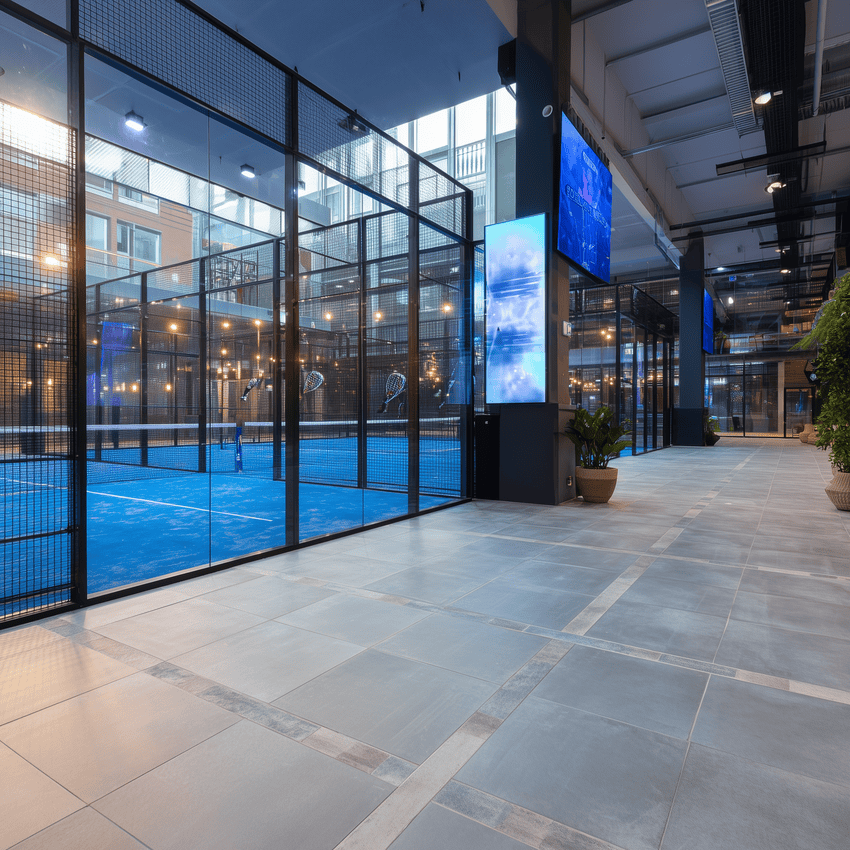 Vista desde el pasillo de un club de pádel techado con varias pistas iluminadas y ambiente moderno