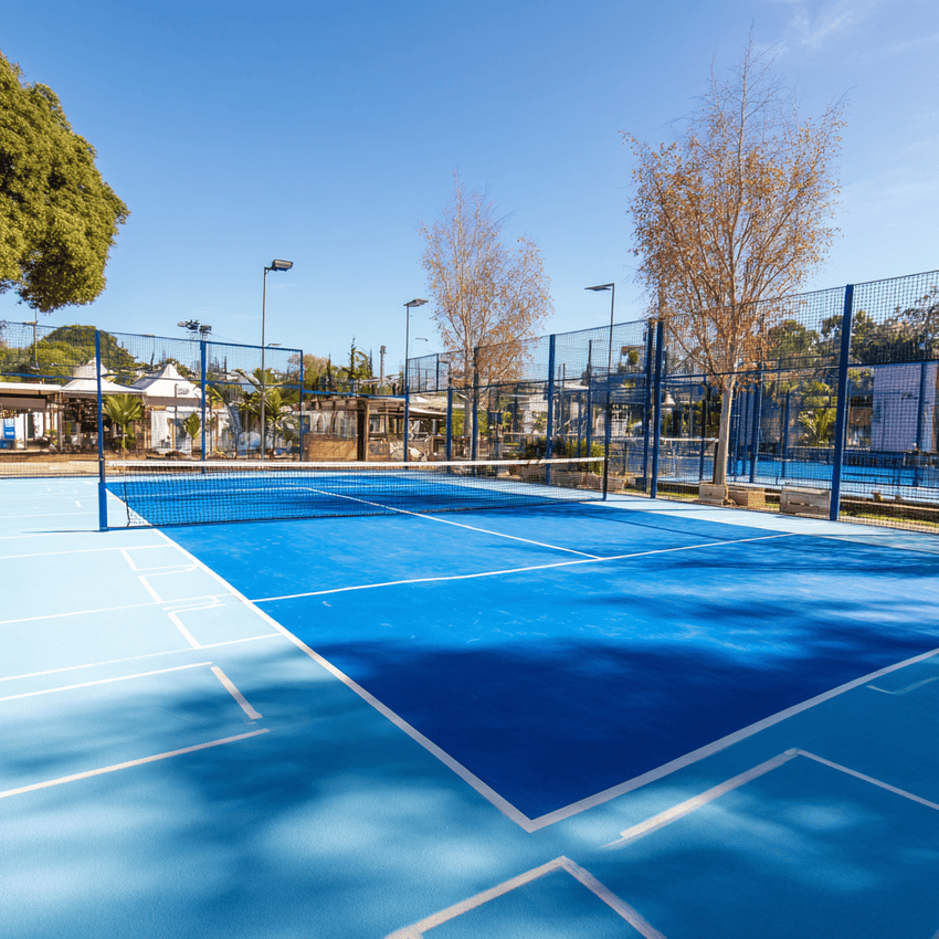 Cancha de pádel azul en un parque al aire libre, rodeada de árboles y otras instalaciones deportivas