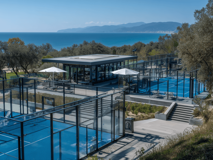 Club de pádel moderno con múltiples pistas azules, áreas sociales y entorno natural frente a la costa