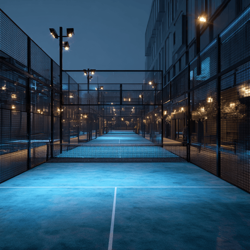 Complejo de pádel con varias pistas azules alineadas que mantienen las mismas dimensiones reglamentarias