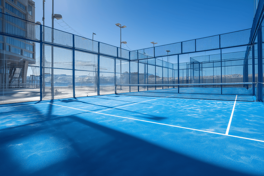 Cancha de pádel exterior con pasto azul que muestra las medidas reglamentarias y las líneas bien definidas