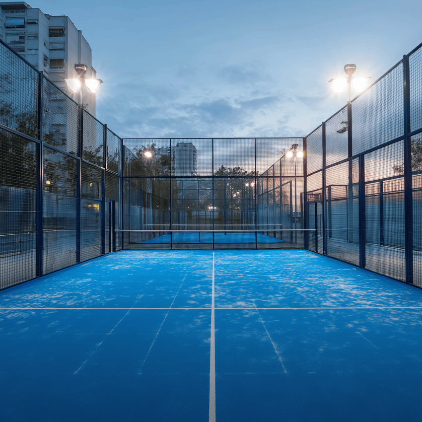 Vista frontal de una cancha de pádel de 20 x 10 metros al atardecer, ideal para explicar las medidas cancha de pádel
