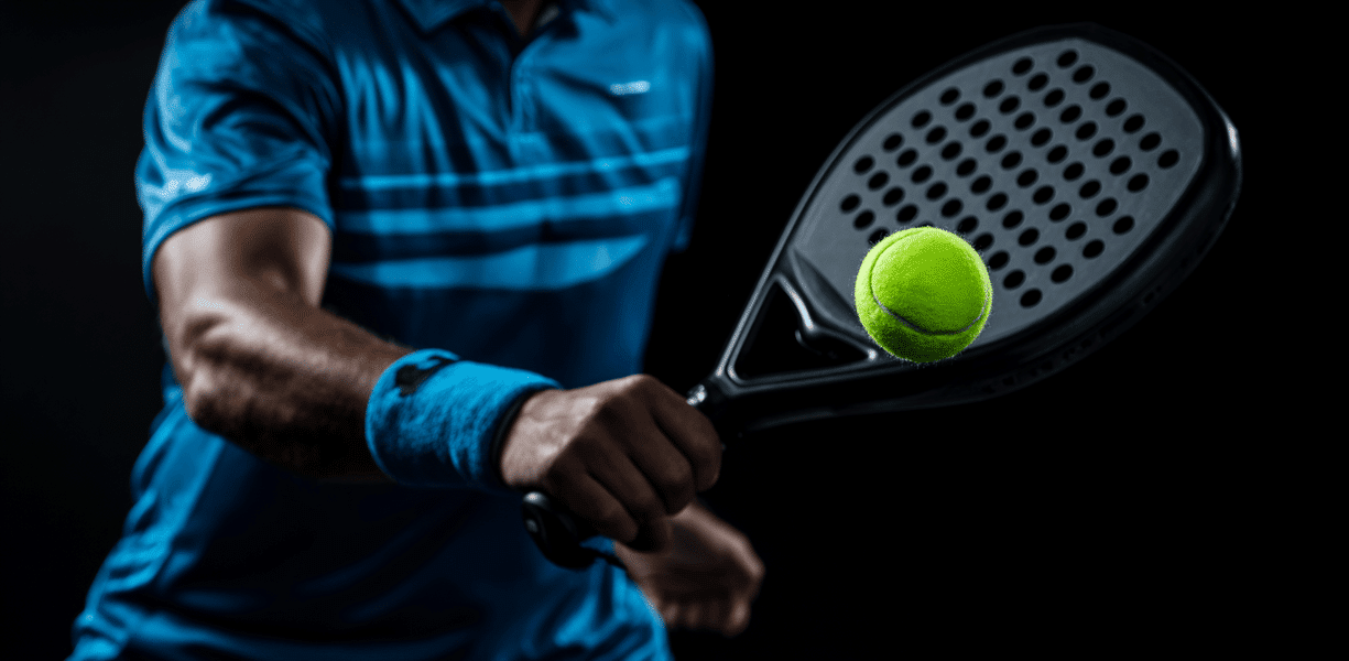 Pelota iluminada frente a una pala negra sobre fondo oscuro; estilo de estudio.