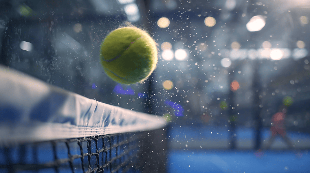 Pelota roza la cinta de la red levantando pequeñas gotas; pista interior iluminada.