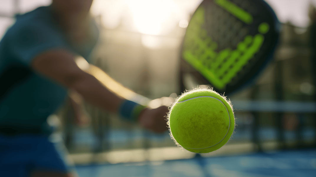 Rally de pádel con la bola acercándose a cámara; luz de tarde y bokeh